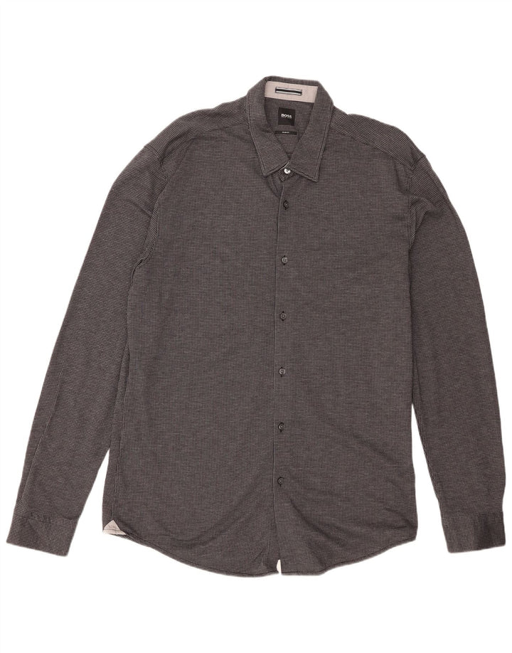 Мужская рубашка узкого кроя Hugo Boss 2XL черная с узором "гусиные лапки"