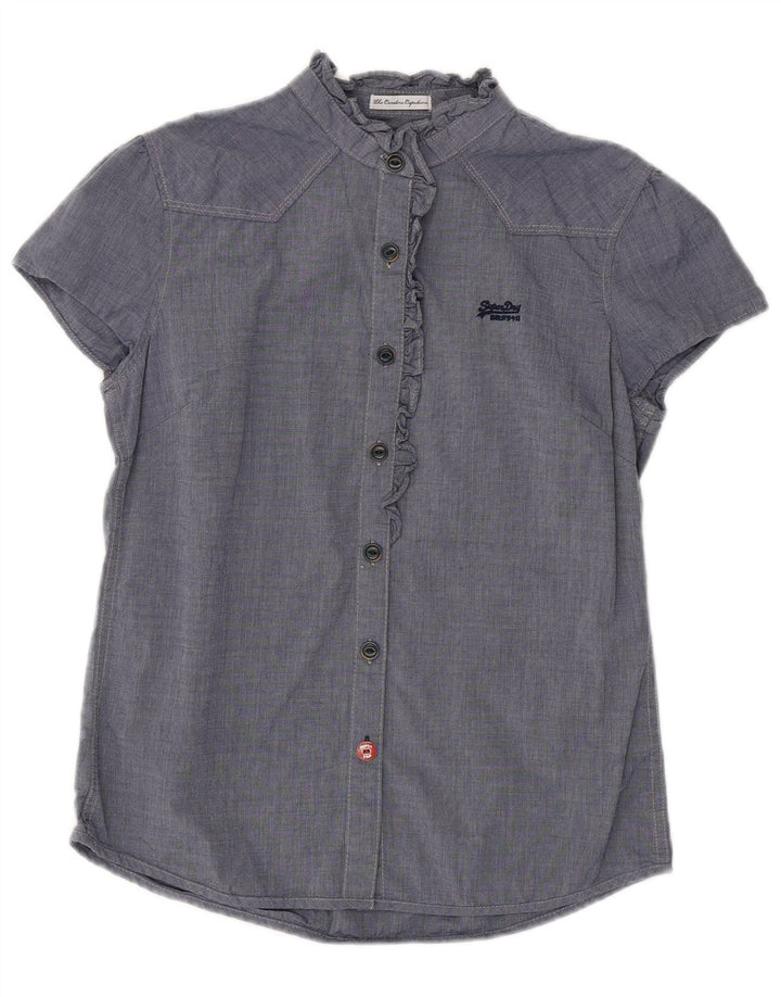 SUPERDRY Женская блузка-рубашка с рюшами спереди UK 12 Средний Темно-Синий