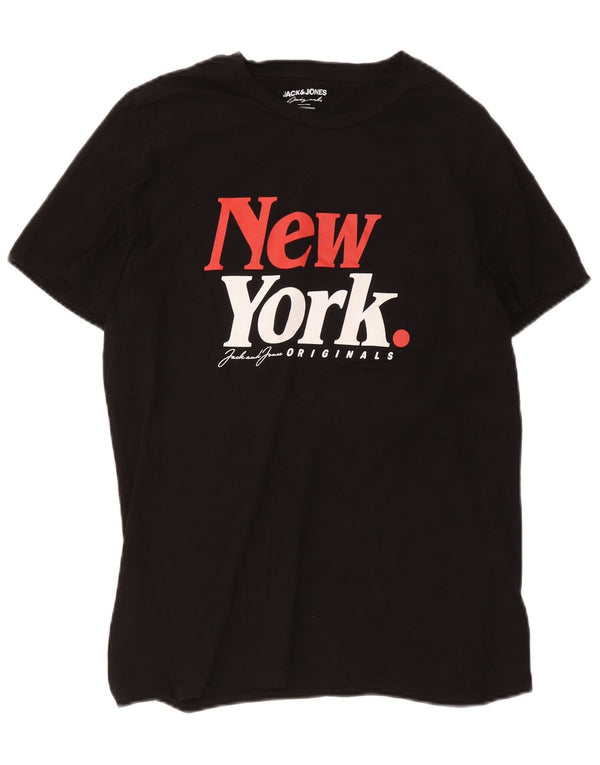 Мужская футболка с рисунком Jack & Jones New York, хлопковый топ среднего размера, черный