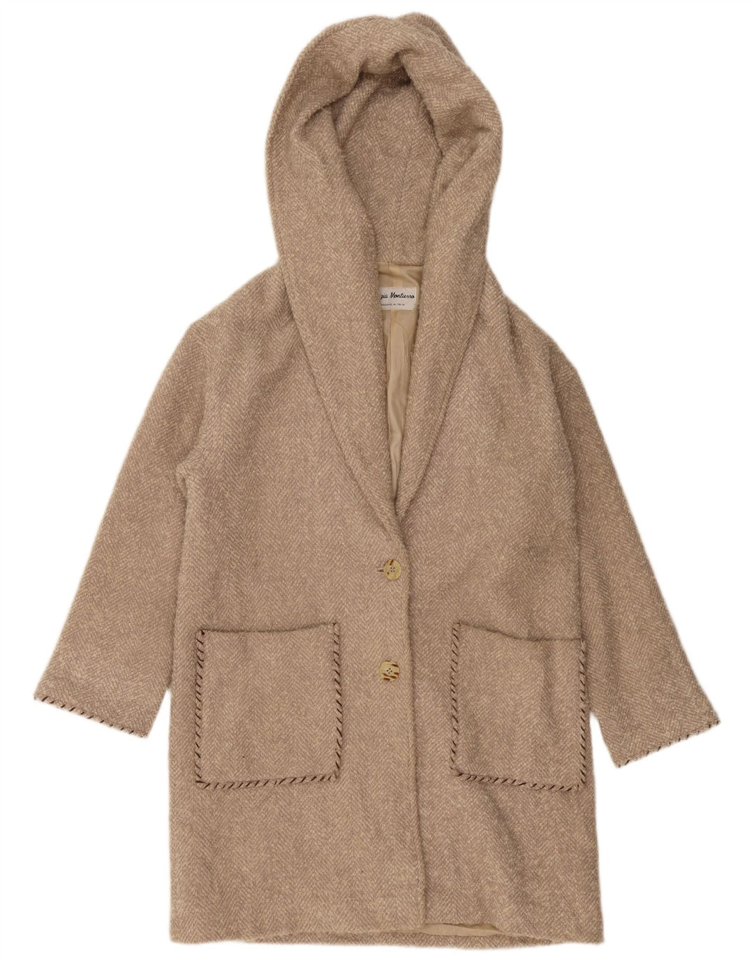 ВИНТАЖНОЕ женское пальто оверсайз с капюшоном UK 10, маленькое бежевое с узором «в елочку»