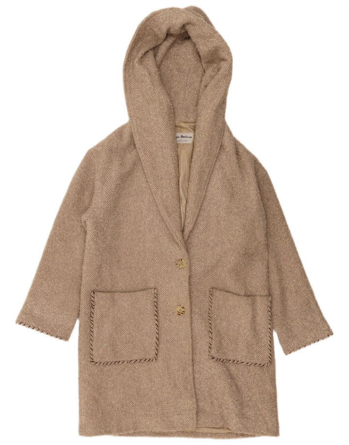 ВИНТАЖНОЕ женское пальто оверсайз с капюшоном UK 10, маленькое бежевое с узором «в елочку»