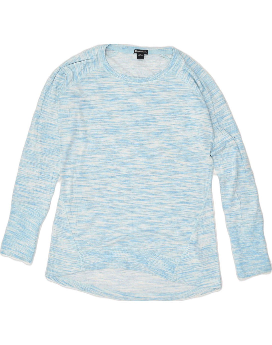 CHAMPION Womens Top Long Sleeve UK 10 Small Blue Pinstripe Rayon | Vintage Champion | Thrift | Second-Hand Champion | Used Clothing | Messina Hembry 