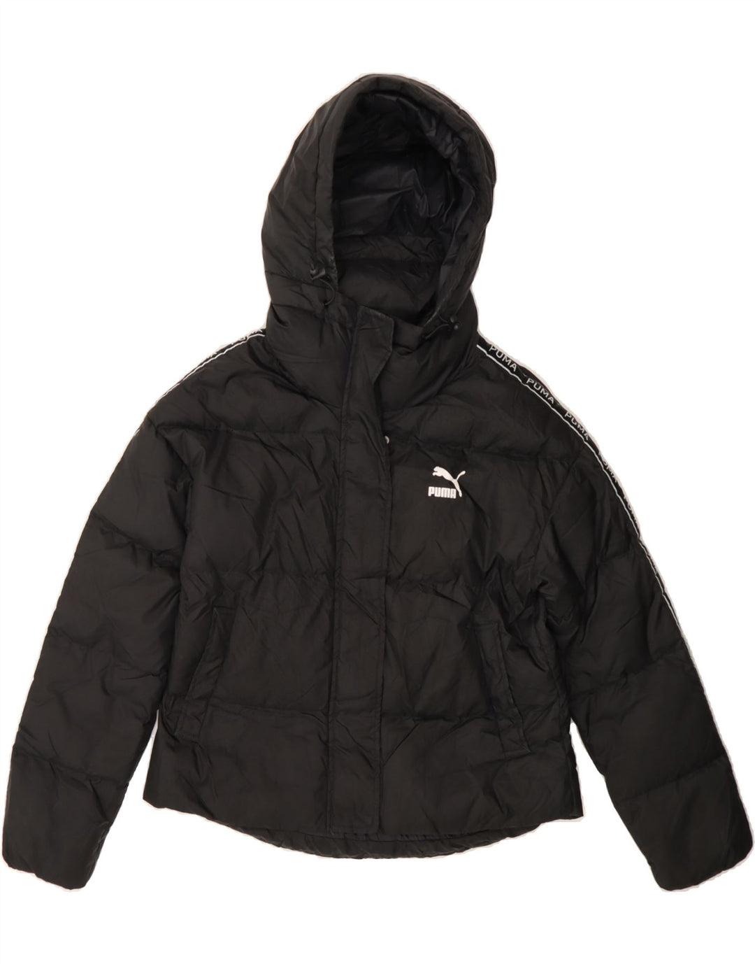 PUMA Womens Graphic Hooded Padded Jacket UK 6 XS Black Polyester Vintage Puma and Second-Hand Puma from Messina Hembry 
