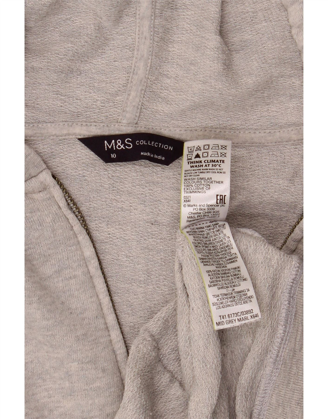 Женский свитер с капюшоном на молнии большого размера Marks & Spencer, Великобритания, 10, маленький, серый, хлопковый