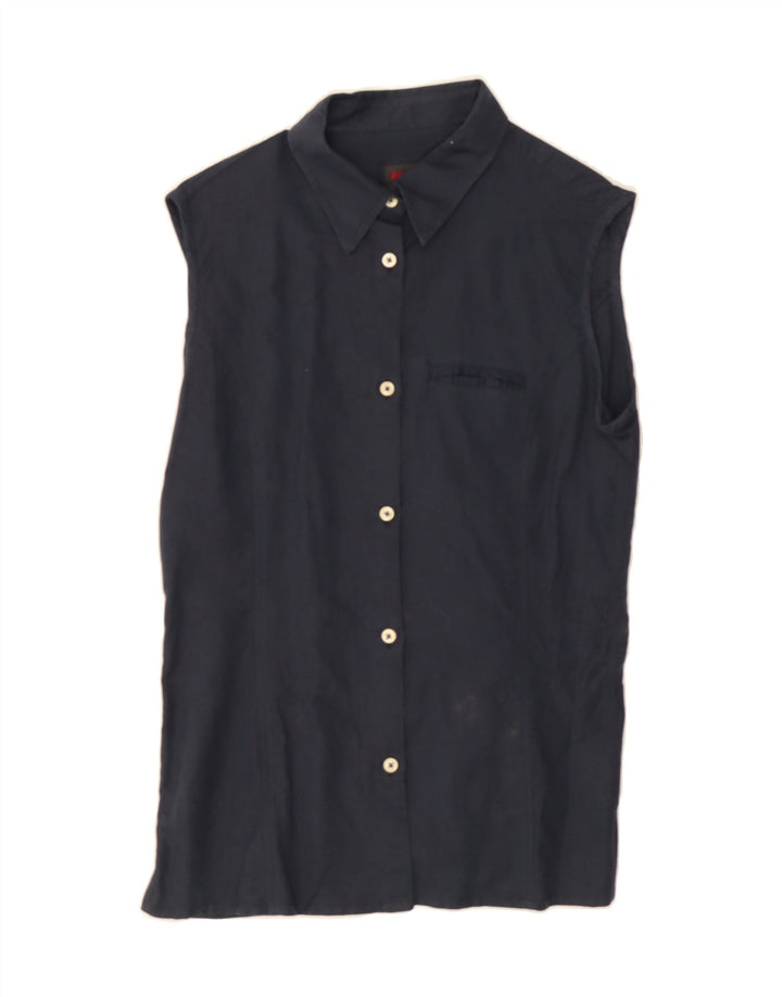 INVICTA Womens Sleeveless Shirt Blouse UK 12 Medium Navy Blue Linen Vintage Invicta and Second-Hand Invicta from Messina Hembry 