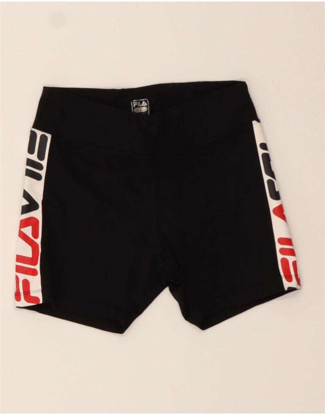 FILA Womens Graphic Sport Shorts UK 10 Small Black Colourblock Polyester Vintage Fila and Second-Hand Fila from Messina Hembry 