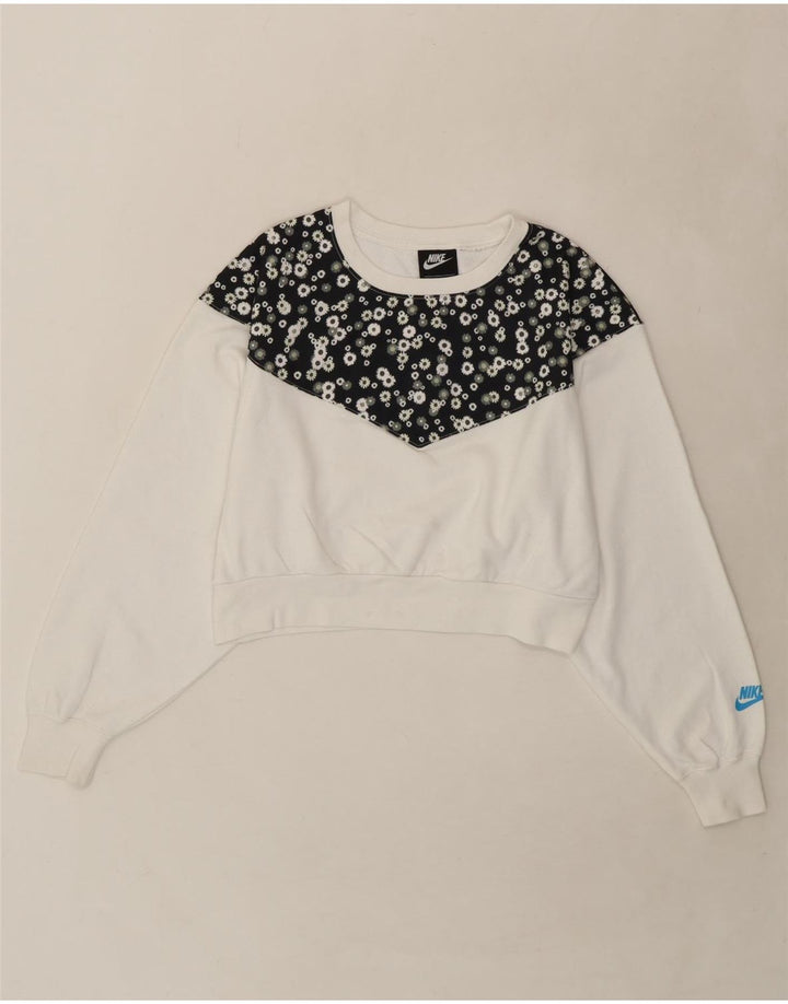 NIKE Womens Crop Oversized Sweatshirt Jumper UK 10 Small White Floral Vintage Nike and Second-Hand Nike from Messina Hembry 