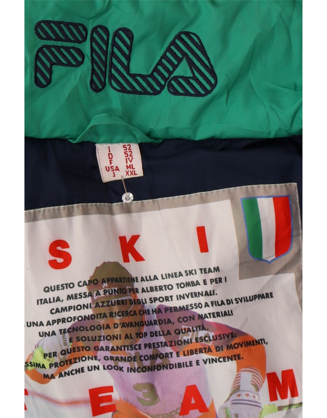 Fila Мужская лыжная куртка свободного кроя с капюшоном IT 52, большая зеленая с геометрическим рисунком