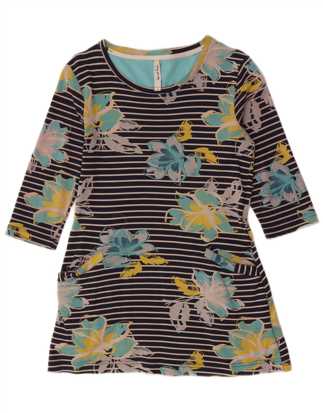 Женский топ WEIRD FISH с рукавом 3/4, UK 10, маленький размер, темно-синий, хлопковый с цветочным принтом