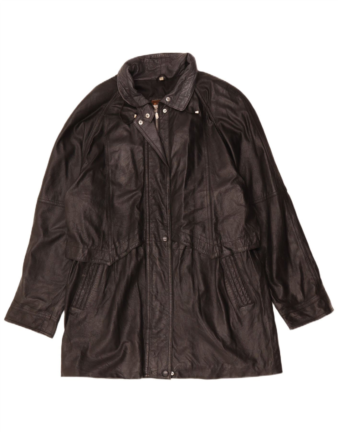 Винтажное женское кожаное пальто оверсайз UK 16, большое черное