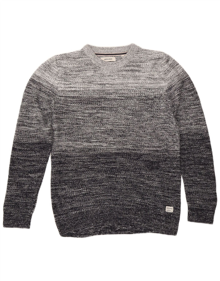 Мужской джемпер с круглым вырезом Jack & Jones, хлопковый свитер среднего серого цвета в полоску
