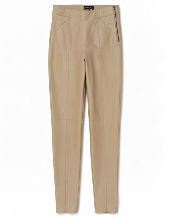 Zara Womens Skinny Faux Leather Trousers XS W24 L27 Beige Polyurethane