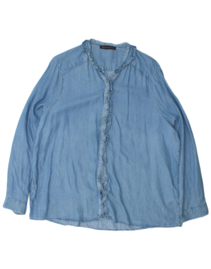 Женская рубашка с рюшами спереди Marks & Spencer UK 20 2XL, синяя, хлопок