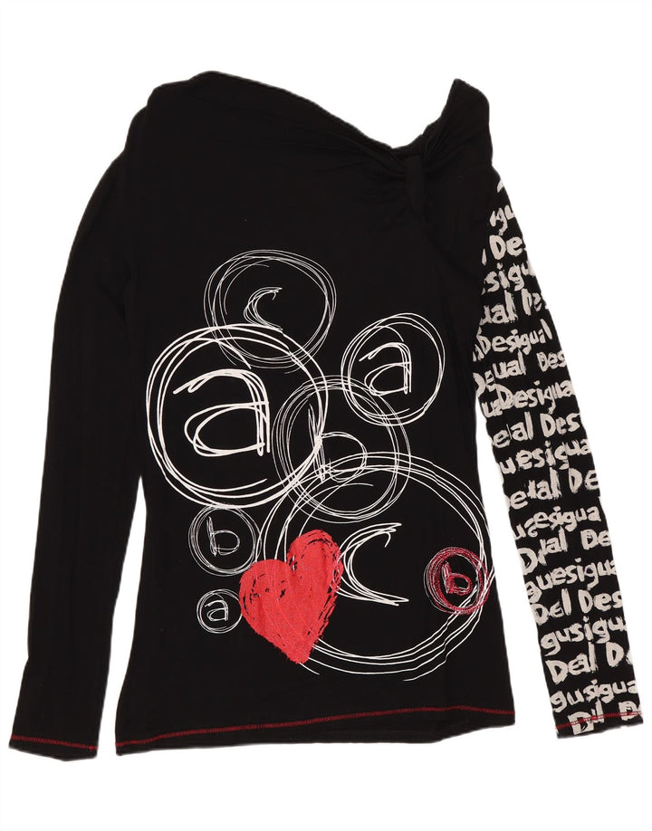 DESIGUAL Женский топ с открытыми плечами и графическим рисунком с длинным рукавом UK 12, средний черный