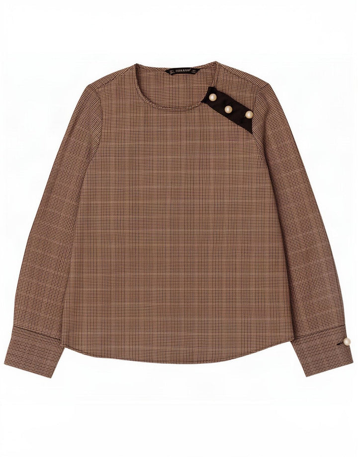 Женская блузка с длинным рукавом Zara Top UK 10, маленький коричневый полиэстер с узором «в елочку»