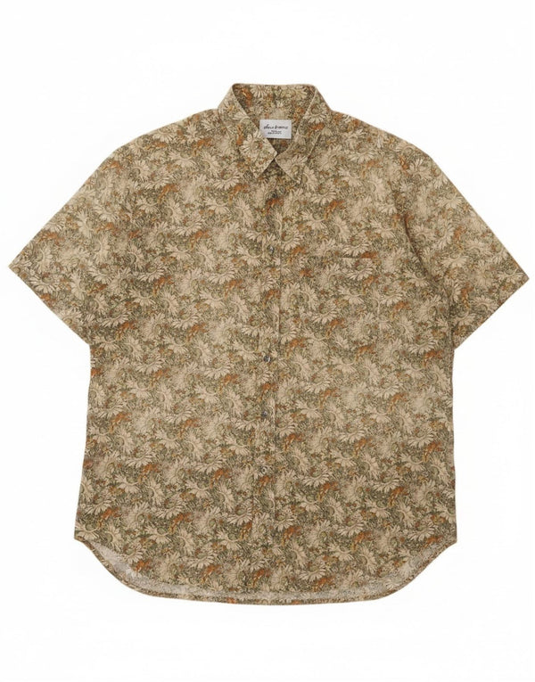 Vintage Mens Short Sleeve Shirt Size 44 17 1/2 XL Green Floral Cotton