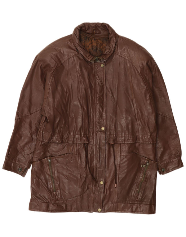 ВИНТАЖНОЕ Женское кожаное пальто UK 14, большое коричневое