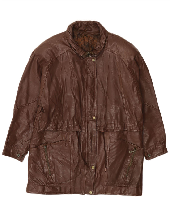 ВИНТАЖНОЕ Женское кожаное пальто UK 14, большое коричневое