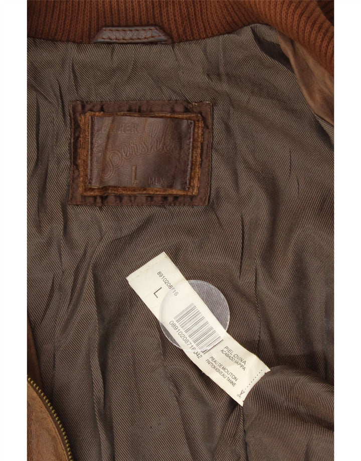 Женская кожаная куртка-бомбер Bershka UK 14, большая коричневая кожа