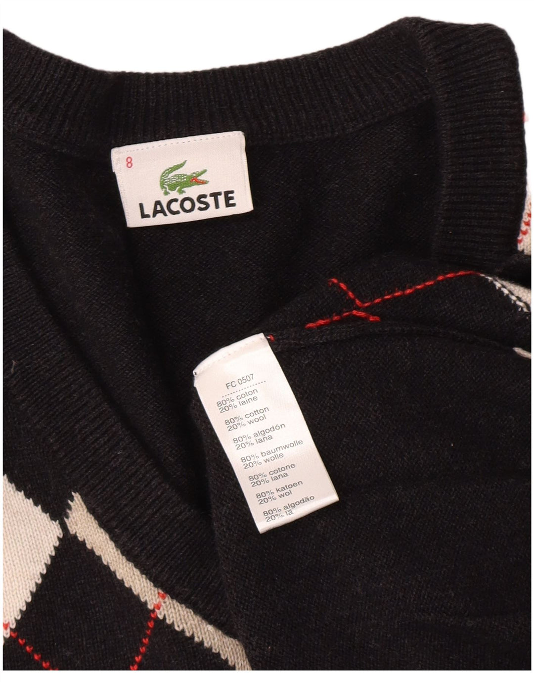 Мужской джемпер LACOSTE с v-образным вырезом, размер 8, 3XL, черный, хлопок с узором аргайл/ромб