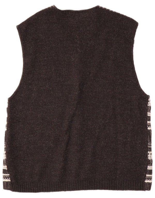 Vintage Mens Sleeveless Cardigan Sweater Large Grey Striped Wool