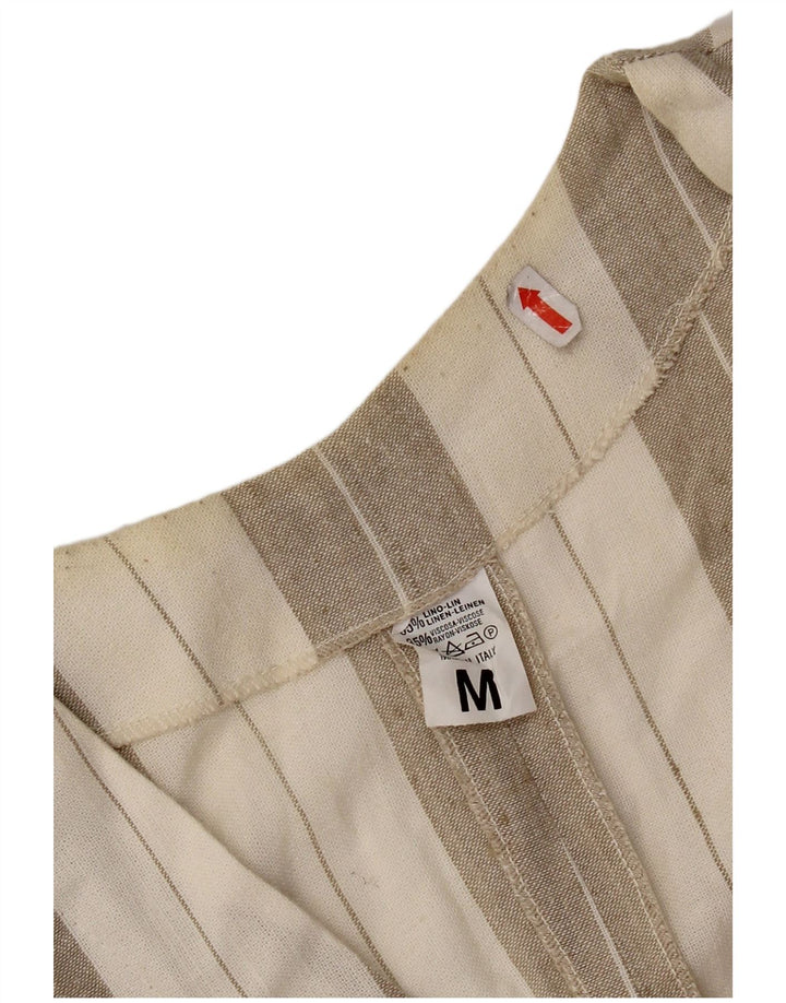 Винтажная женская блузка-рубашка с коротким рукавом, Великобритания, 14, льняная полоска среднего бежевого цвета