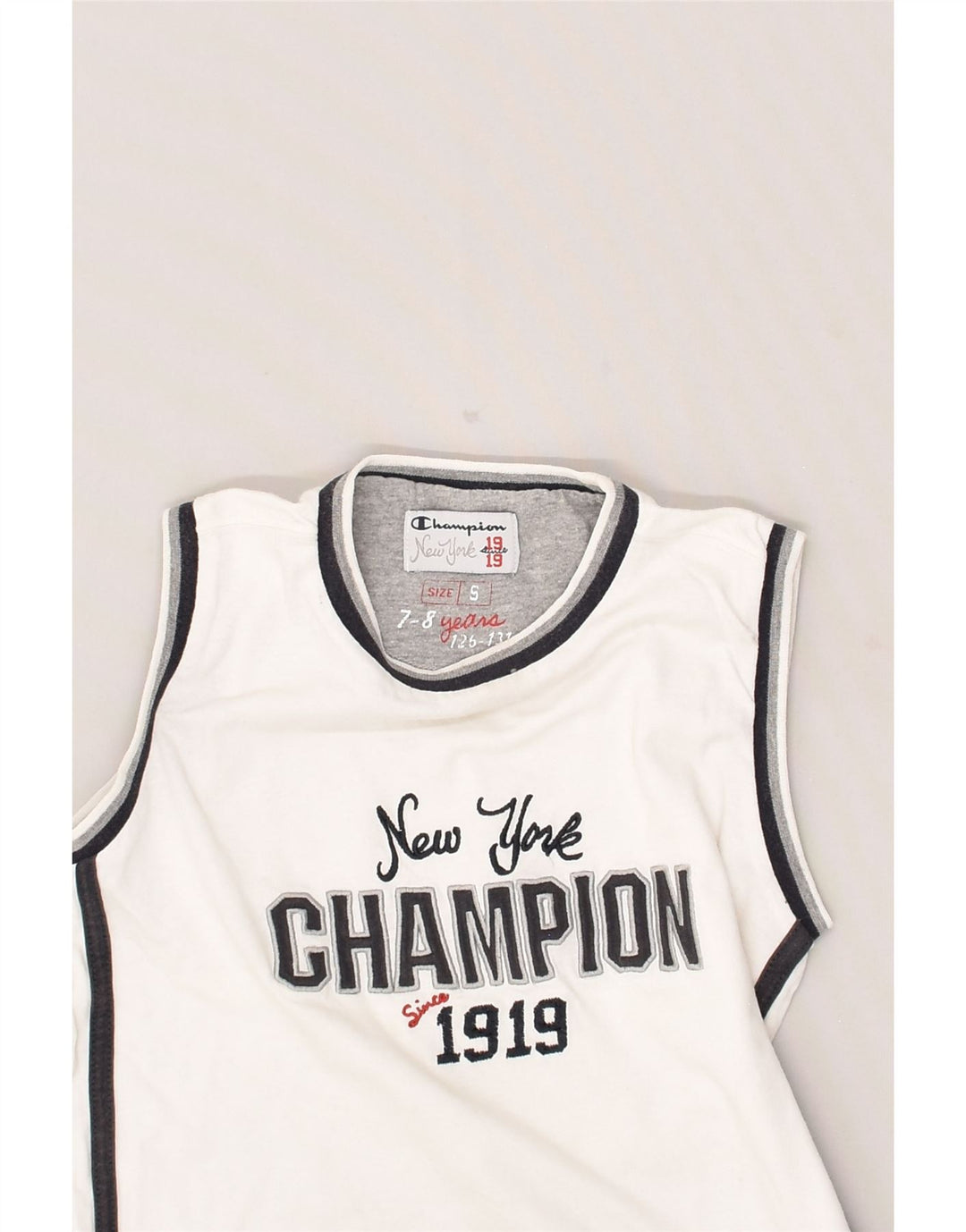CHAMPION Boys Graphic Vest Top 7-8 Years Small White Cotton | Vintage Champion | Thrift | Second-Hand Champion | Used Clothing | Messina Hembry 