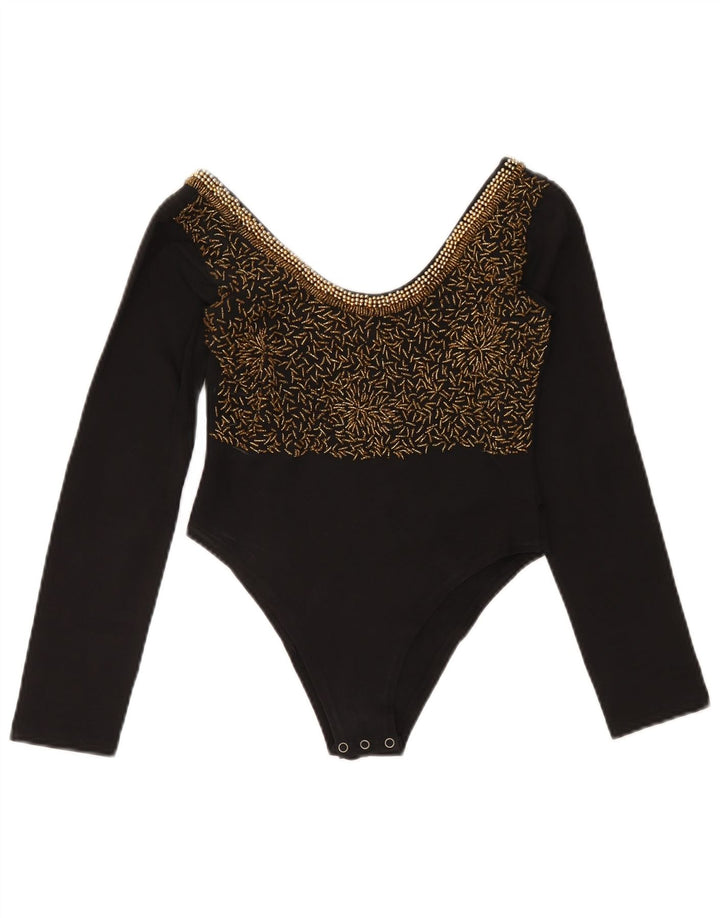 Винтажное женское боди с длинными рукавами UK 12, средний черный хлопок, черный цвет