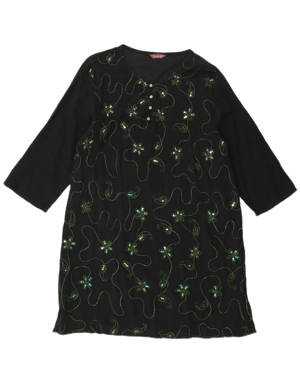 ВИНТАЖНОЕ женское платье-туника с рукавом 3/4, Великобритания, 18 XL, черное с цветочным принтом