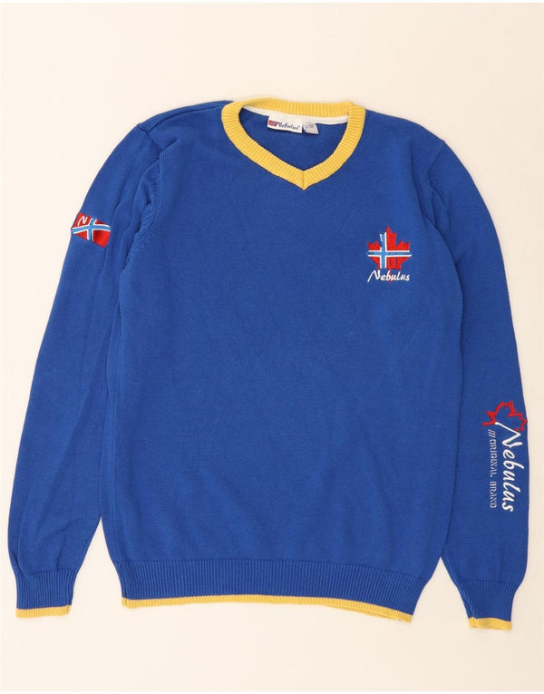 NEBULUS Mens Graphic V-Neck Jumper Sweater Large Blue Cotton