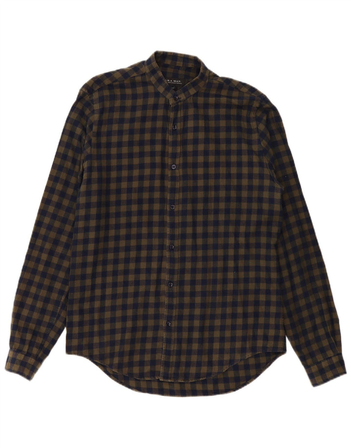 Мужская фланелевая рубашка узкого кроя ZARA в клетку цвета хаки среднего размера