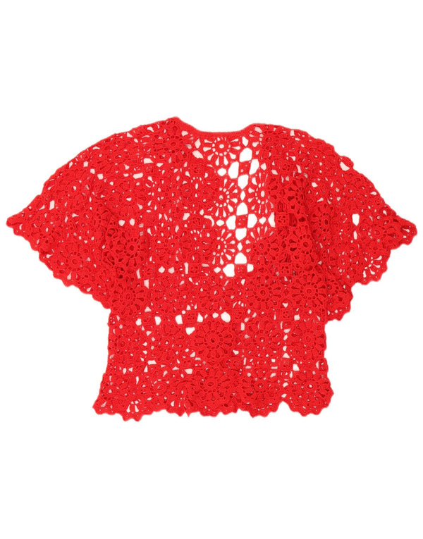 ВИНТАЖНЫЙ женский кардиган с короткими рукавами, связанный крючком, Великобритания 12, средний красный с цветочным принтом