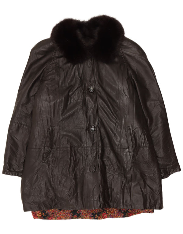 VINTAGE Womens Leather Coat UK 18 XL Black Leather