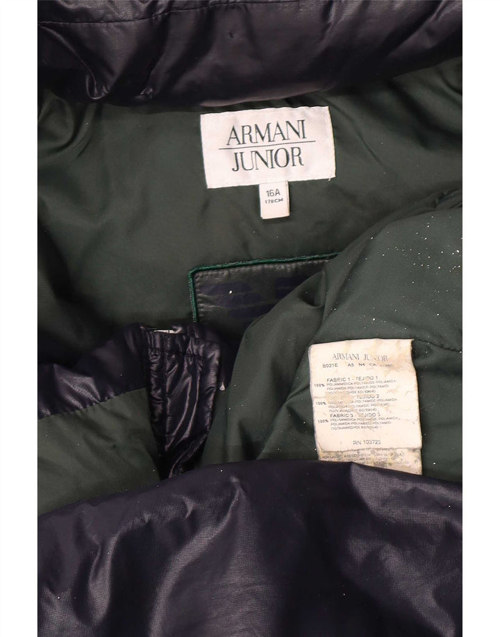 Утепленная куртка Armani Junior для мальчиков с капюшоном 15-16 лет Темно-синяя с цветными блоками