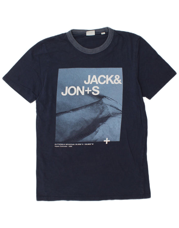 Мужская футболка с рисунком JACK & JONES, топ среднего размера, темно-синий, хлопок