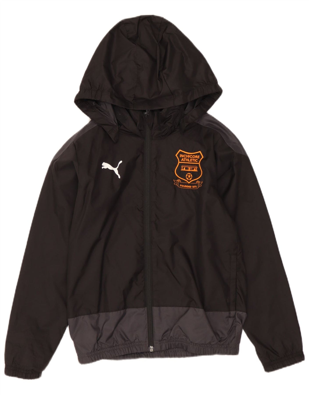 Дождевик с капюшоном и рисунком PUMA для девочек 7–8 лет, черный нейлон с цветными блоками