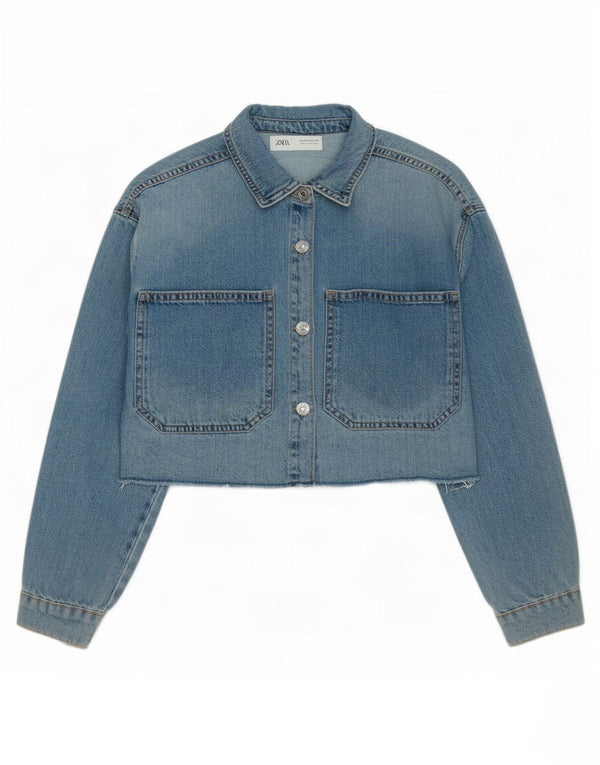 Укороченная джинсовая куртка Zara для девочек 11–12 лет, синяя хлопковая