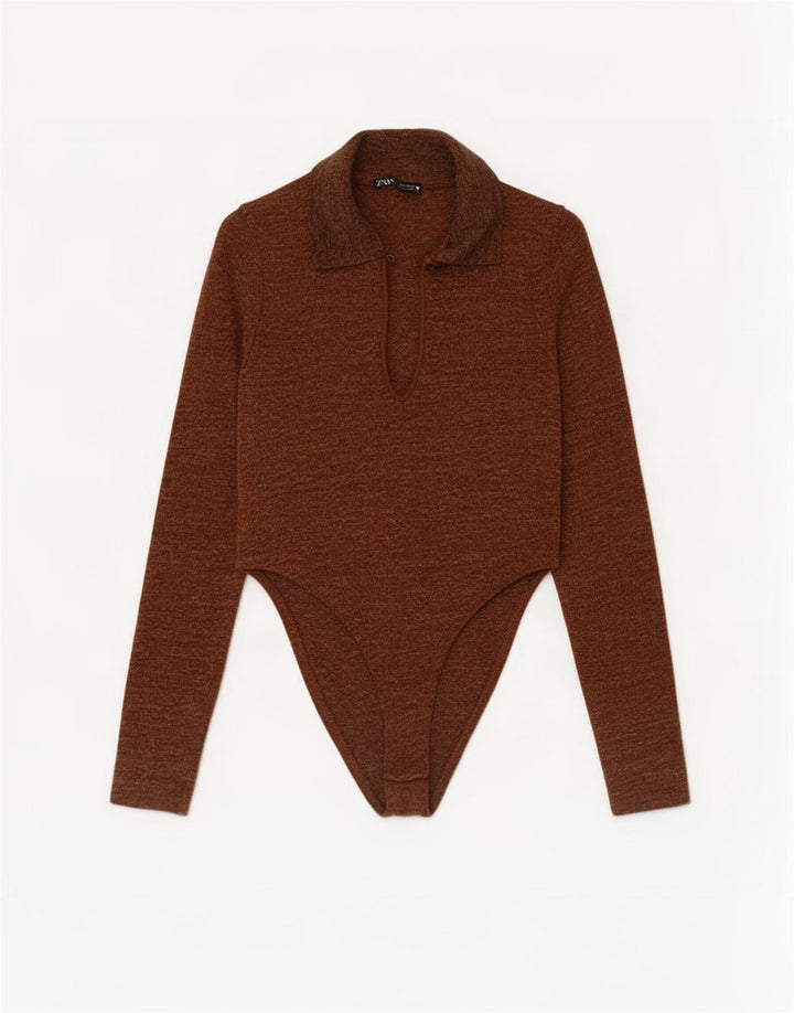 Женское боди с длинными рукавами Zara UK 8, маленький коричневый, полиэстер с крапинками