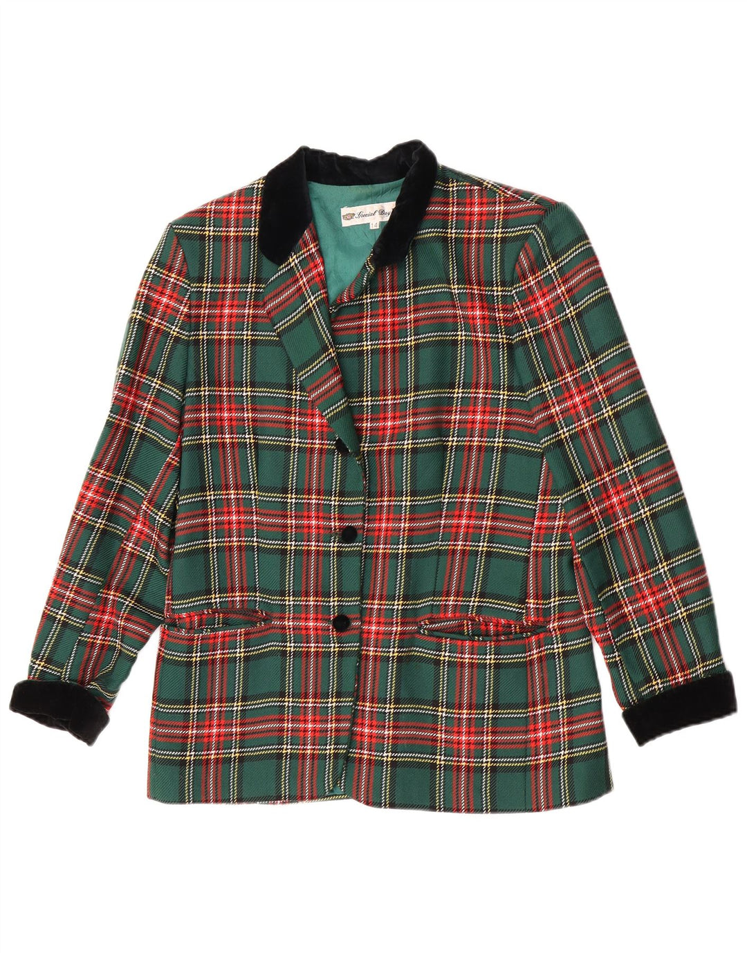 Винтажный женский пиджак на 1 пуговице, Великобритания, 14, классическая зеленая клетка в большую клетку