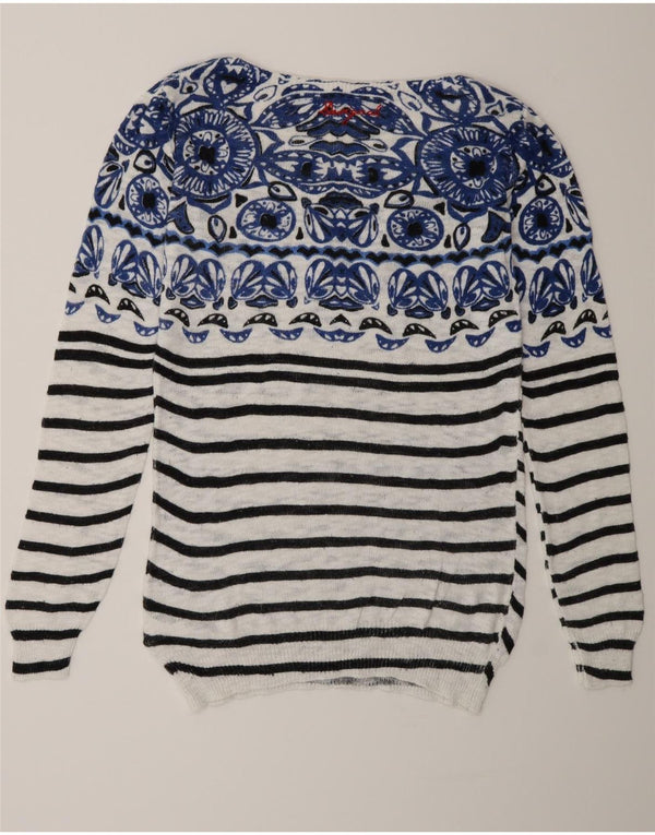 Desigual Womens Graphic Boat Neck Jumper Sweater UK 14 Medium White Striped