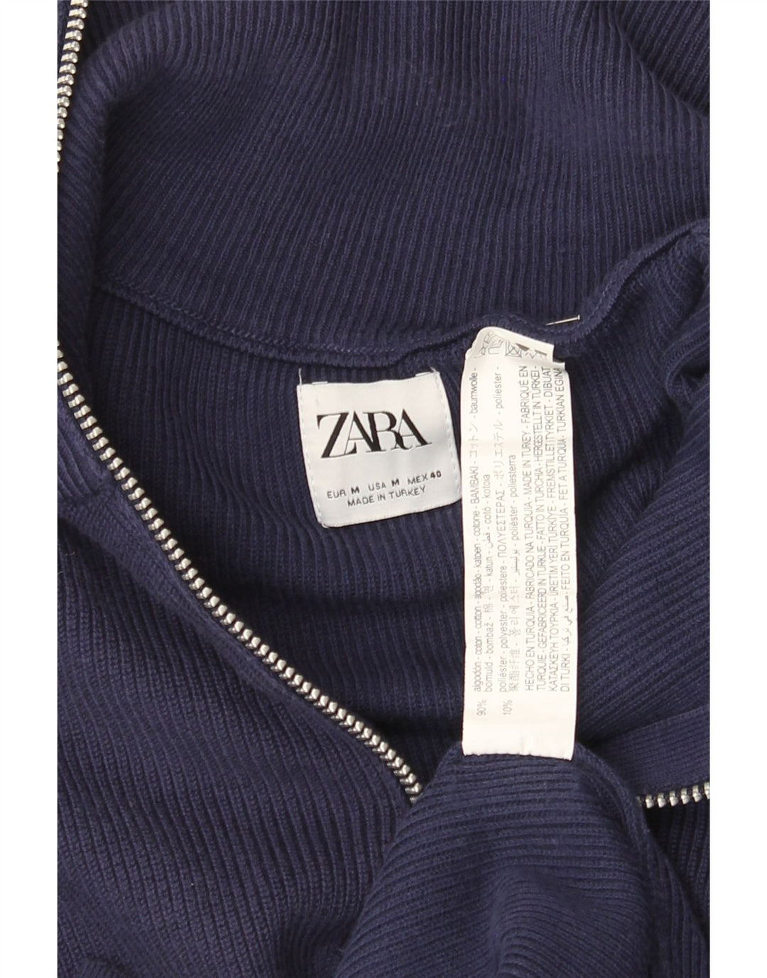 Мужской джемпер с воротником на молнии Zara, средний темно-синий хлопковый свитер
