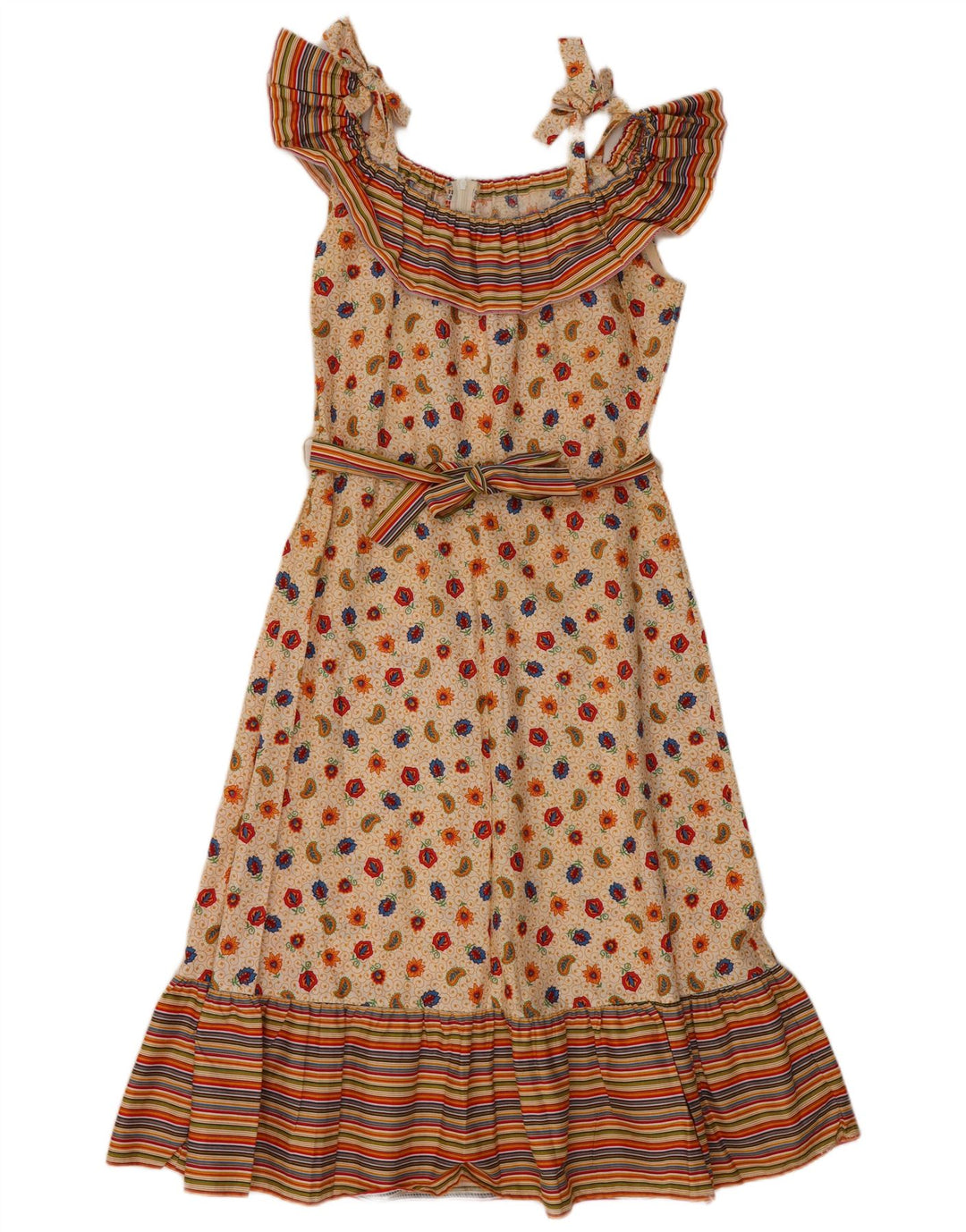 ВИНТАЖНОЕ женское платье трапециевидной формы без рукавов EU 36, маленькое бежевое, хлопок с узором пейсли