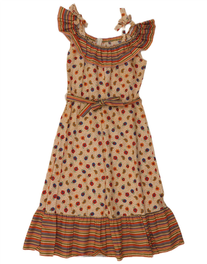 ВИНТАЖНОЕ женское платье трапециевидной формы без рукавов EU 36, маленькое бежевое, хлопок с узором пейсли