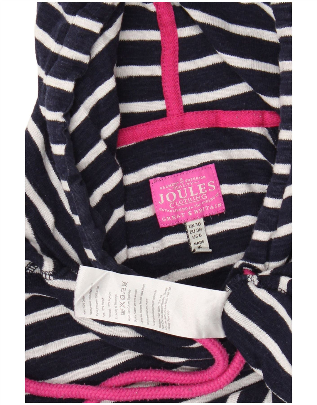Женский топ с капюшоном Joules с длинным рукавом, Великобритания, 10 маленьких размеров, темно-синий, в полоску, хлопок