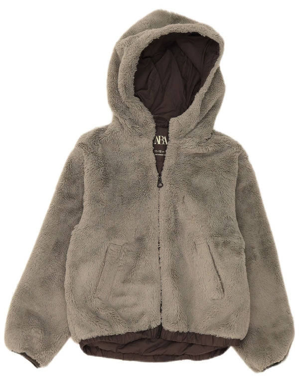 Флисовая куртка с капюшоном Zara Teddy Bear для девочек 11–12 лет, серый полиамид