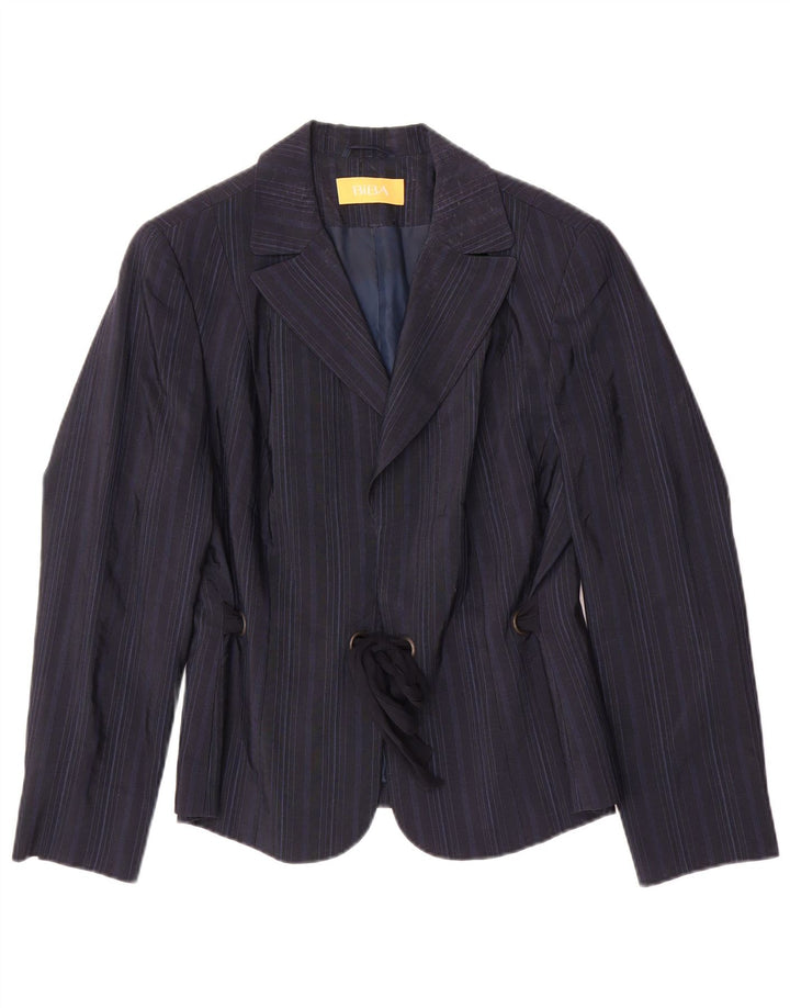 BIBA Womens Front Tie Blazer Jacket UK 18 XL Navy Blue Pinstripe Polyamide