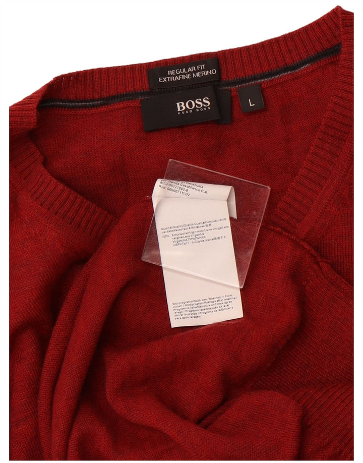 Мужской джемпер стандартного кроя с v-образным вырезом HUGO BOSS, большой красный из натуральной шерсти