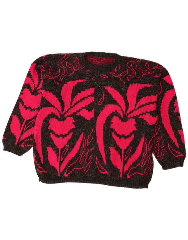 ВИНТАЖНЫЙ женский свитер с вырезом «лодочка», Великобритания 20, 2XL, черный акрил с цветочным принтом