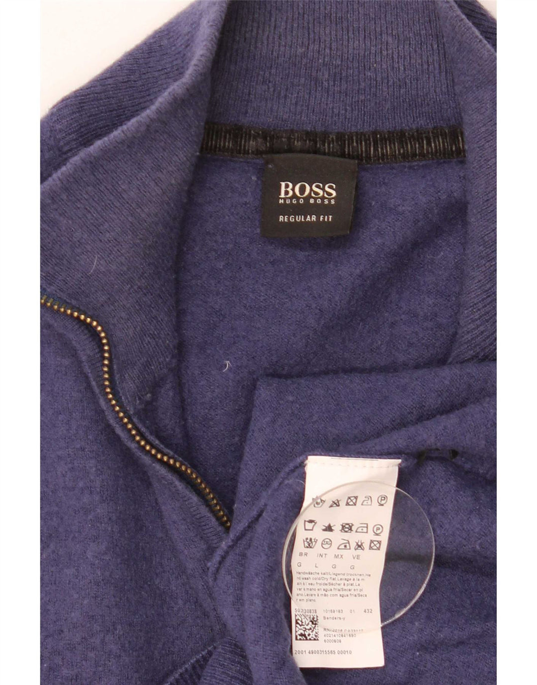 Мужской свитер с воротником на молнии Hugo Boss, большой темно-синий из натуральной шерсти