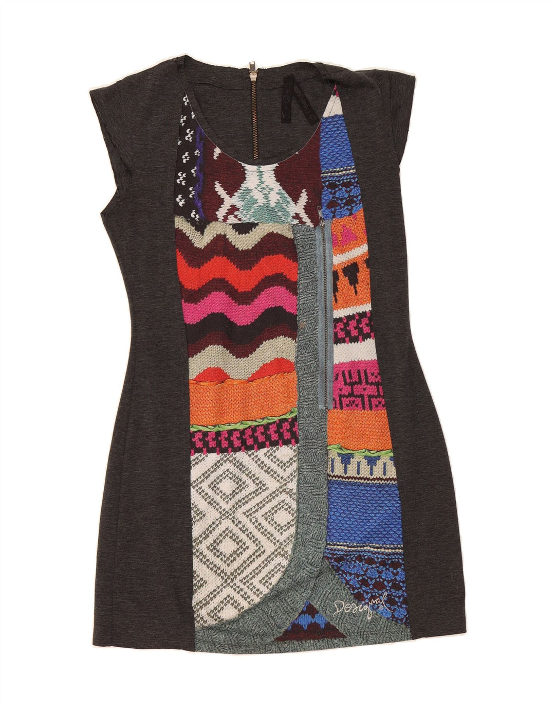 DESIGUAL Womens Graphic Sheath Dress UK 12 Medium Grey Patchwork Vintage Desigual and Second-Hand Desigual from Messina Hembry 